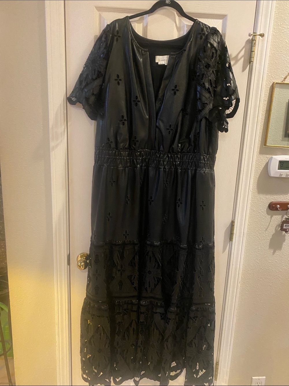 Anthropologie Black Eyelet Maxi Dress with Lace Sleeves